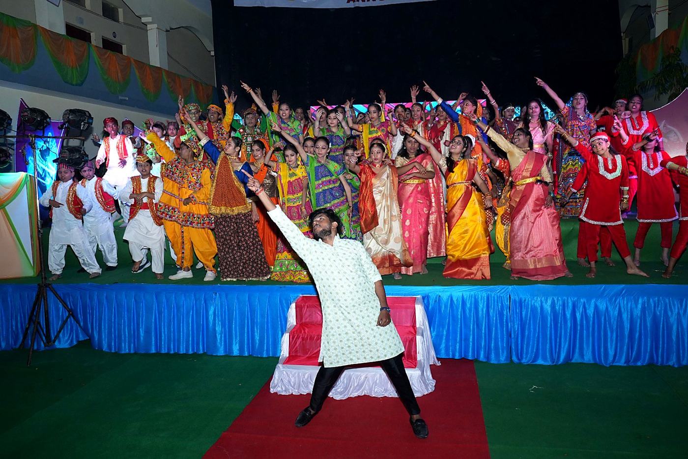 The full cast on stage at the Annual Day finale