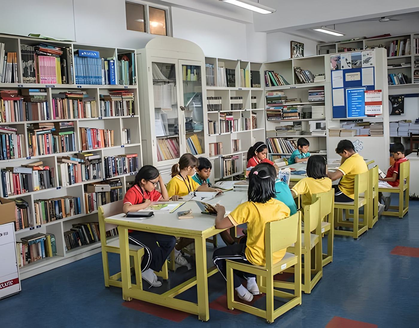 Students reading at tables surrounded by bookshelves